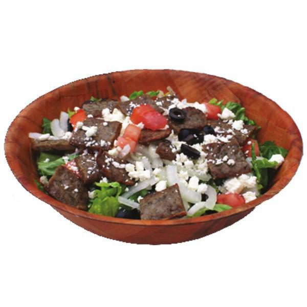 Greek Salad · Crisp romaine lettuce tossed with onions, cucumbers, fresh tomatoes, olives, feta cheese and tender gyro meat with a side of Greek dressing.
