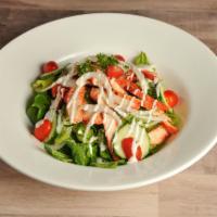 Tandoori Grilled Chicken Salad · Grilled bite-sized chicken marinated all day in our tandoori seasoning served on a bed of cr...