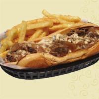 Philly Cheese Sandwich · Hoagie roll filled with steak topped with mozzarella cheese, mayonnaise, sauteed onions, gre...
