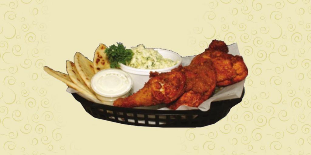 6 Piece Chicken Broast · Served with garlic sauce, pita bread and 2 side items. Hand battered and deep fried, tender and juicy down to the bone.