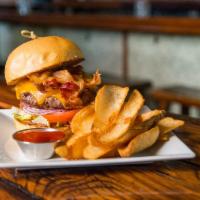 Classic Burger Dinner · 8oz patty, lettuce, onions, cheddar cheese, bacon served with fries