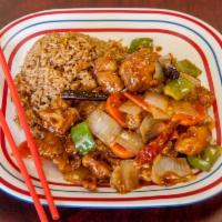 D1. General Tso's Chef's Special · Crispy, breaded potein stir fried in with green pepper, onions, & carrots; tossed in a sweet...