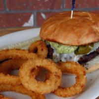 Guacamole Pepper Jack Burger · House burger with pepper jack cheese and topped with fresh made guacamole and jalapenos.