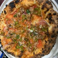 Sausage & Pepperoncini · Italian Sweet Sausage, Shaved Pepperoncini, Onions, Red Pepper Flakes, Fresh Mozzarella.