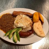 Bandeja Paisa Colombiano · White rice, an egg over medium, beans, Colombian sausage, pork chicharron, ground beef, swee...