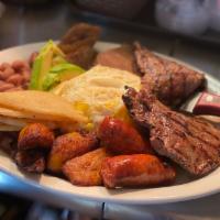 Bandeja Paisa con Carne Asada · Same traditional Colombian dish except without ground beef and substitute with Carne asada. ...