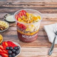 Tudo · 10 oz of organic açaí, peanut butter, granola (vegan, gluten-free and nut-free), banana, str...