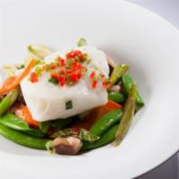 Steamed Chilean Seabass · Comes with black bean sauce or XO sauce.