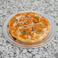 Spicy Butter Chicken Pizza · Butter chicken sauce, shredded mozzarella cheese, sliced red onions, jalapenos and butter ch...
