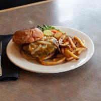 Milos Burger · Fresh Ground Chuck with Caramelized Onions, Herb Mayo, choice of Cheese. Served with Fries