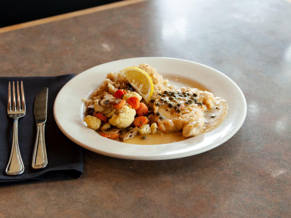 Chicken Picatta · Chicken Breast sautéed with Capers, Shallots, Lemon, Sherry, & Butter. Served over Fresh Linguini