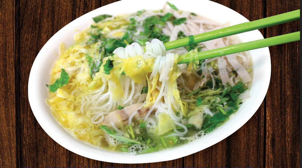 Bun Thang · Organic free range chicken, finely sliced egg, fancy pork vermicelli noodle soup.