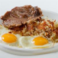 Steak and Eggs with Hashbrowns · 2 Eggs (Choose Style) served with a 5 oz. cut of Choice Rib Eye Steak with a side of Hashbro...