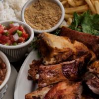 BBQ Whole Chicken/Frango Inteiro Assado Especial · BBQ whole chicken with rice, beans and french fries.