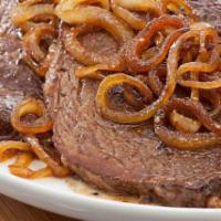 Steak with onions/Bife Acebolado · Steak with sauteed onions.Includes: Rice,beans,french fries.