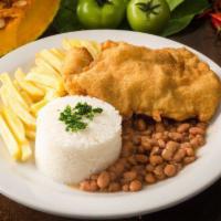 Breaded fried Chicken/Frango a Milanesa · Breaded fried chicken with rice, beans and french fries.