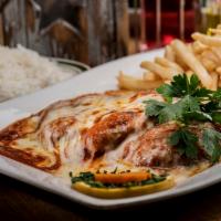 Chicken Parmesan/Frango a Parmegiana · Chicken Parmesan with rice, beans and french fries.