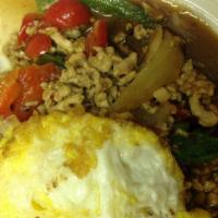 E2. Kra Pow · Minced any meat with a garlic chili sauce, basil leaves, onions, bell peppers and fried egg ...