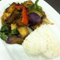 E7. Eggplant · Exotic eggplant with bell peppers, carrots, onions, mushrooms, scallions and basil leaves. S...