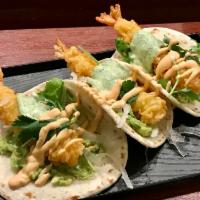 Original street tacos (shrimp) · shrimp tempura, avocado, onions, cilantro/spicy aioli. 3 tacos.   ** gluten free option not ...