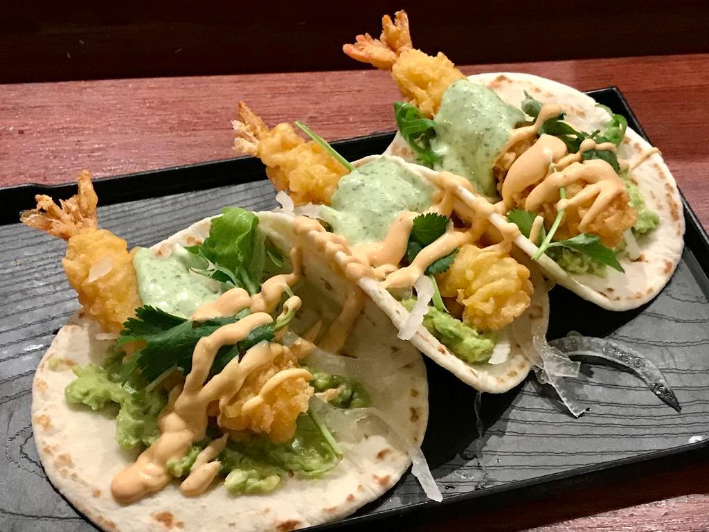 Original street tacos (shrimp) · shrimp tempura, avocado, onions, cilantro/spicy aioli. 3 tacos.   ** gluten free option not available **