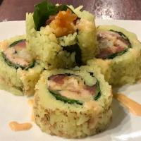 Victory Rolls w/ reaper aioli · Turmeric sushi rice, spicy tuna, shrimp tempura, spring mix, reaper pepper aioli