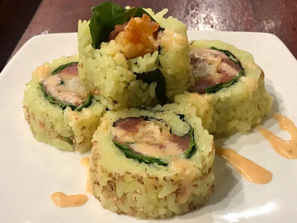 Victory Rolls w/ reaper aioli · Turmeric sushi rice, spicy tuna, shrimp tempura, spring mix, reaper pepper aioli
