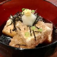Agedashi Tofu · Deep fried tofu with dashi, bonito flakes, grated daikon and nori.