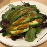 Hakata Salad · Baby leaf, avocado, cucumber, served with ginger dressing.