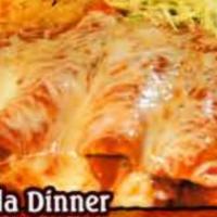 Enchilada Dinner Special Meal · 3 enchiladas with your choice of meat served with rice, beans, lettuce, tomato, salsa, guaca...
