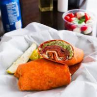 Spicy Fire Wrap · Hot capicola, spicy pepperoni, pepper jack cheese, hot giardiniera peppers, lettuce, roma to...
