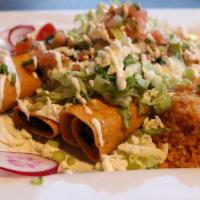 3 Piece Flautas Lunch · Tightly rolled corn tortillas stuffed with chicken or beef topped with lettuce, pico de gall...