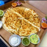 Al Pastor Quesa Pizza · 12'' round quesadilla pizza with Meat choice, inside filled with melted queso, sour cream an...