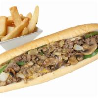 Philly Cheese Supreme Steak · Grilled white onions, green bell peppers, grilled mushrooms, provolone cheese, American chee...