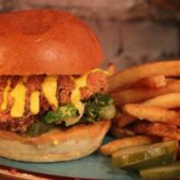 Jumbos Popeye Chick'un Sandwich · Our Fried Mock Chick'un, House Made Dill Pickles, with Special Sauce on a Bun. Served with F...