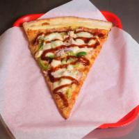 The Cowboy Slice · BBQ sauce, chicken, green pepper, red onion and provolone.