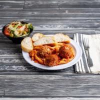 Rigatoni with Meatball and Tomato Sauce · Served with veggie salad and bread.