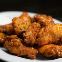 Chicken Wings · 10 breaded wings tossed with your choice of buffalo, thai chili, teriyaki or BBQ sauce.
