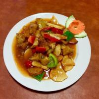 V1. Veggie Triple Delight · Eggplant, potatoes and peppers with brown sauce.