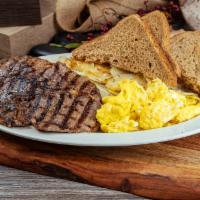 Steak & Eggs Breakfast · Rib Eye Steak, home potatoes, 3 eggs, toast.
