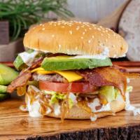 Bacon Avocado Cheeseburger · Onions, grilled onions, lettuce, tomato, Thousand Island dressing, 3 slices bacon, avocado a...