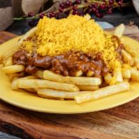 Chili Cheese Fries · Cheddar cheese and chili.