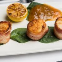 Bacon Wrapped Sea Scallops · (3) Scallops wrapped in Bacon, Apricot Chutney.