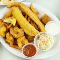 Combo Basket · 2 fried fish strips and 4 jumbo fried shrimp. Served with coleslaw, 2 hush puppies and your ...