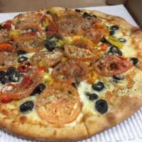 Vegetarian Pizza · Onions, peppers, olives, mushrooms, broccoli and chunk tomatoes.