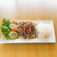 SA3. Larb · Choice of minced chicken, pork or beef seasoned with red onion, green onion, cilantro, roast...