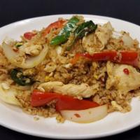 FR3. Basil Fried Rice · Rice stir-fried with egg, basil, white onion, bell pepper, and jalapeno. Spicy.