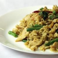 FR4. Green Curry Fried Rice · Rice stir-fried with green curry paste, jalapeno, onion, basil, bell pepper, and green bean. 