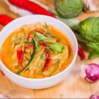 C2. Panang Curry · Panang curry with coconut milk, bell pepper, and green bean. Spicy.