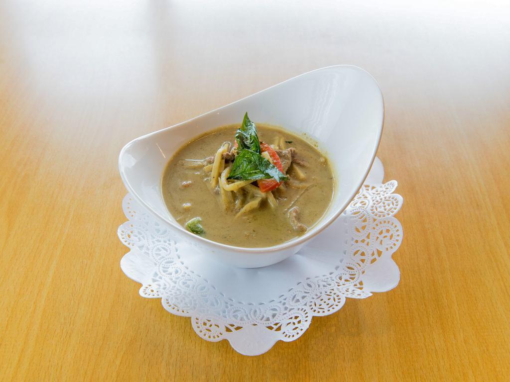 C5. Green Curry · Tasty green curry with coconut milk, basil, bell pepper, and bamboo shoots. Spicy.